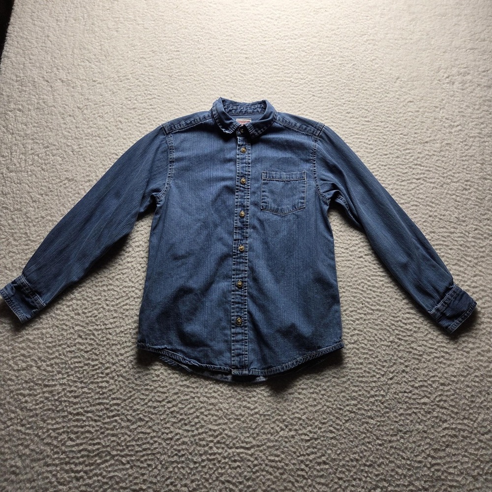 Wrangler Shirt Boys L 10/12 Blue Denim Long Sleeve Button Up Casual Cotton Top